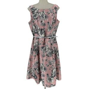 Jessica Howard Womens Dress 14 Gray Pink Empire Sleeveless Floral Belt Puffy